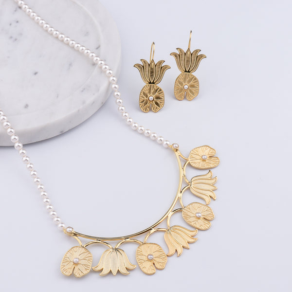 Abstract Lotus & Pearl Set | 22K Gold Plated | 92.5 Silver