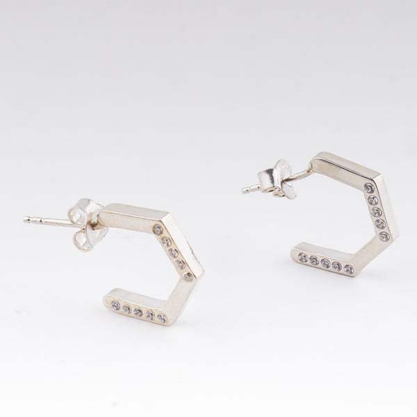 Silver hexagon hoop earrings with CZ stones