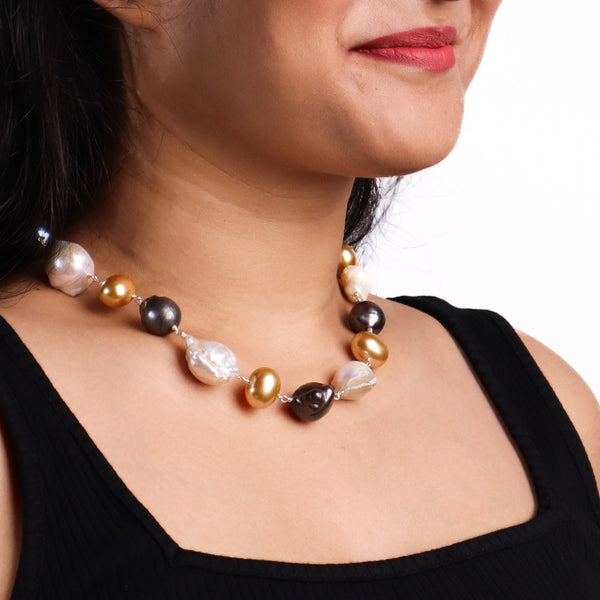 Baroque and Shell Pearls Silver Ganthan Necklace