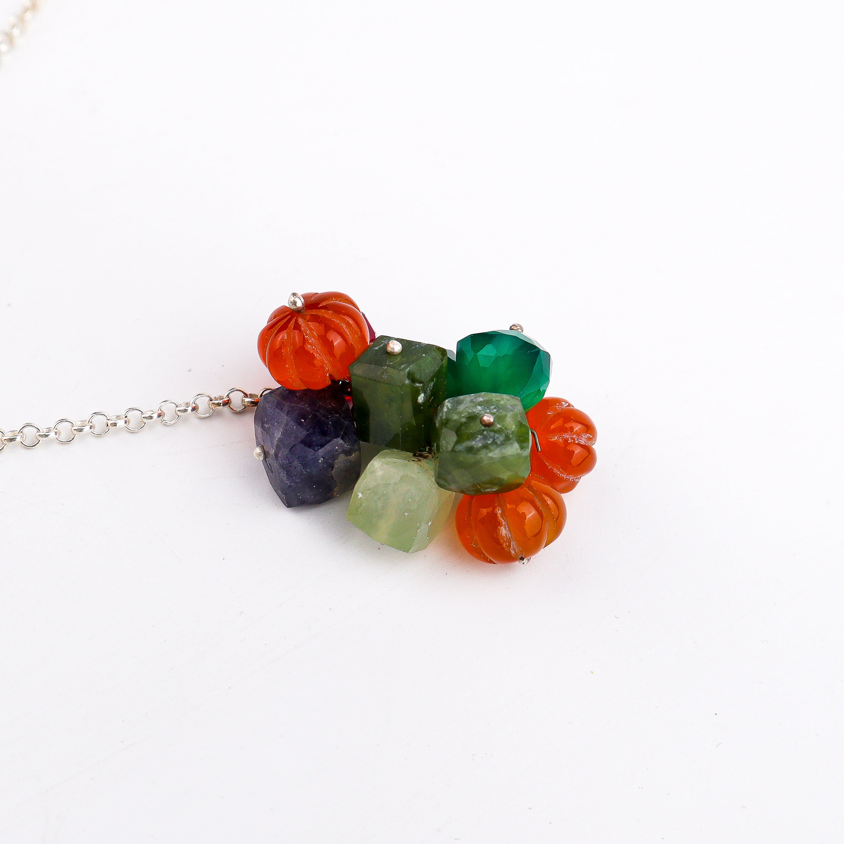 Silver Tie & Wear Necklace with Multicolor Semi-Precious Stones and Silver Beads