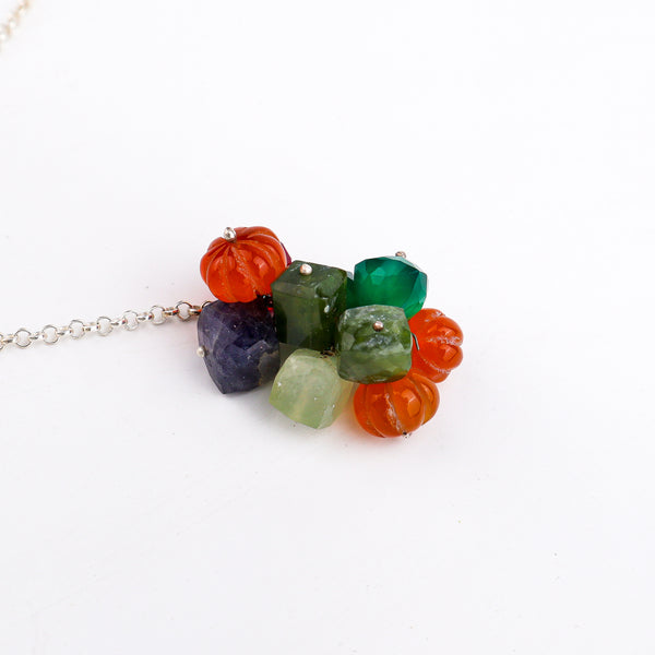 Silver Tie & Wear Necklace with Multicolor Semi-Precious Stones and Silver Beads