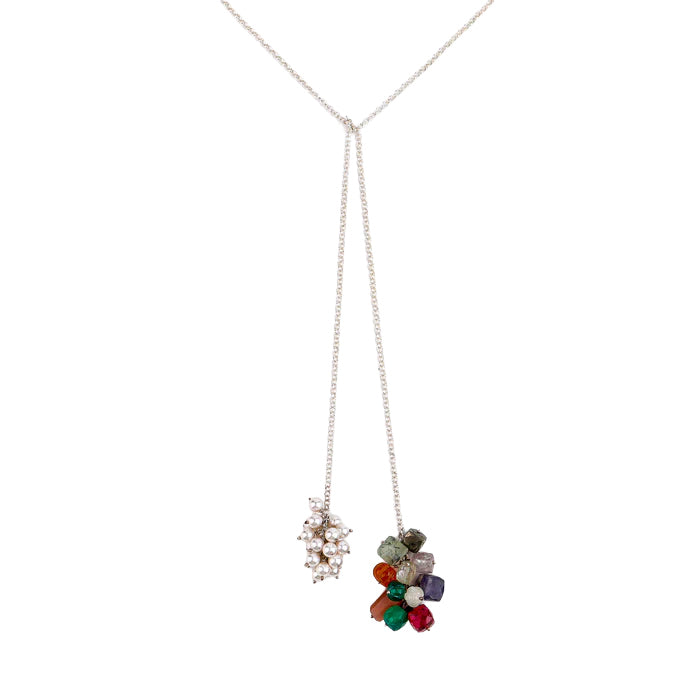 Silver Tie & Wear Necklace with Multicolor Semi-Precious Stones and Pearls