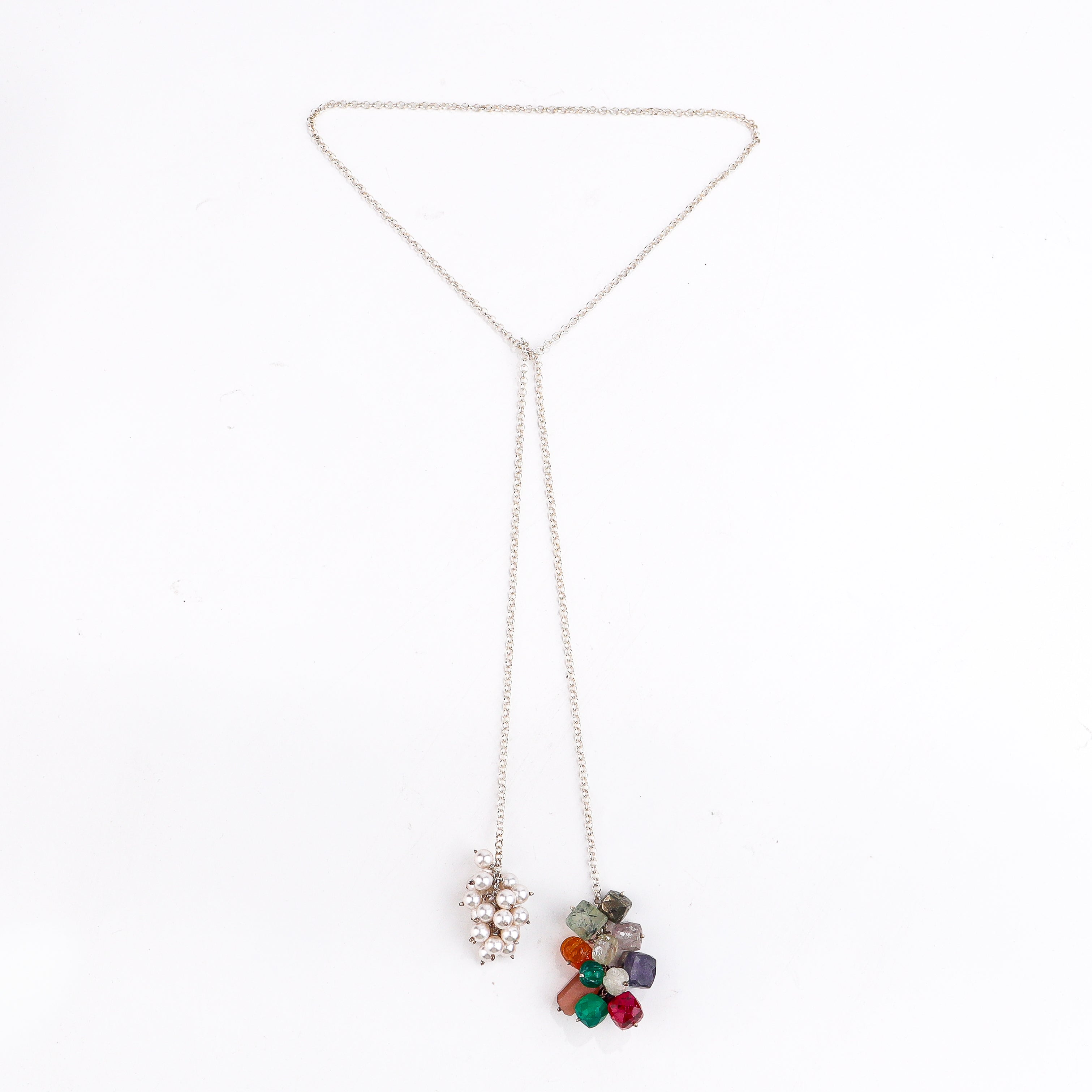Silver Tie & Wear Necklace with Multicolor Semi-Precious Stones and Pearls