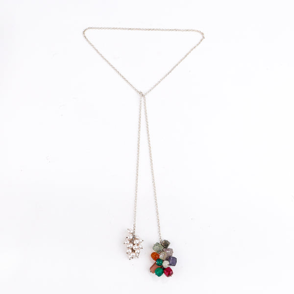 Silver Tie & Wear Necklace with Multicolor Semi-Precious Stones and Pearls