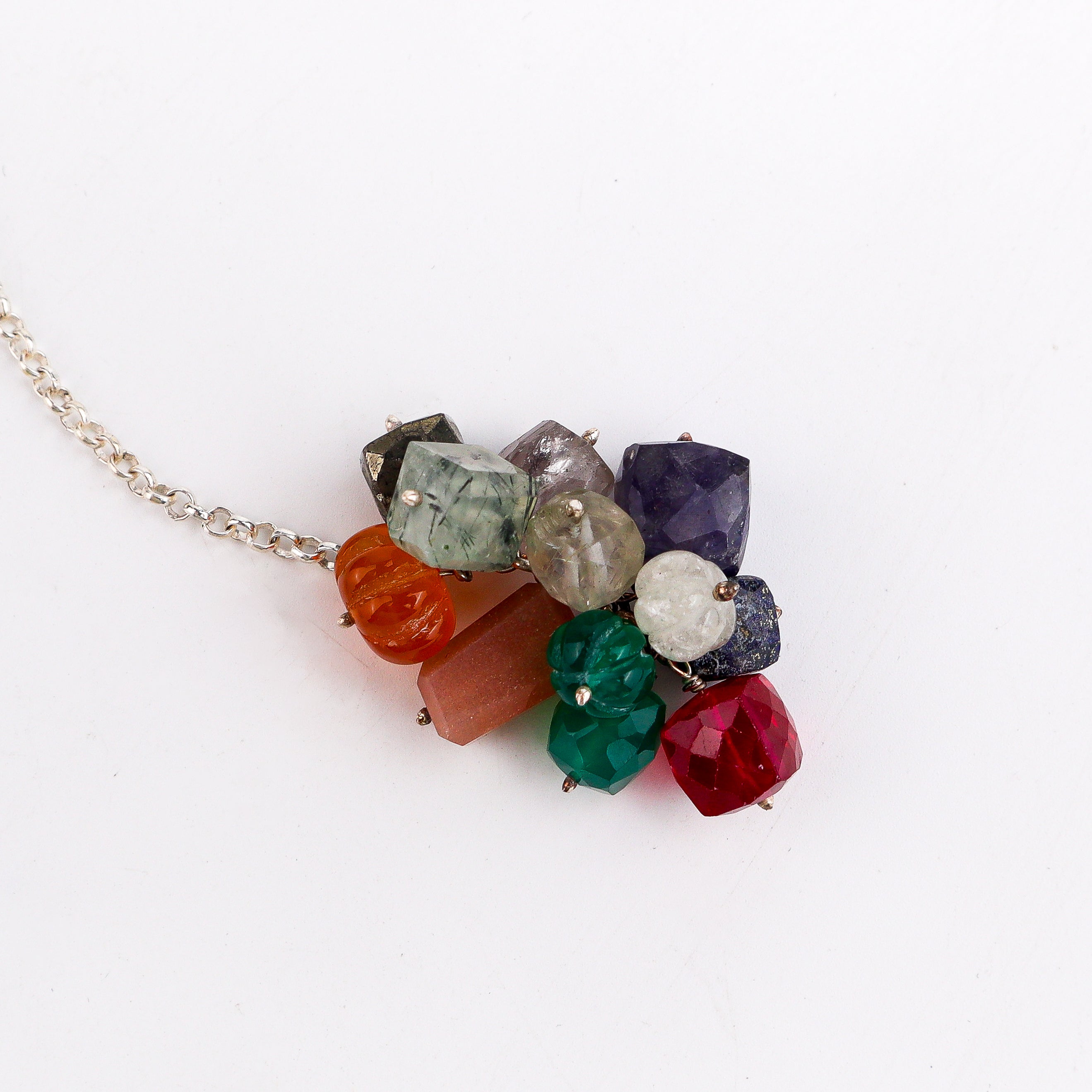 Silver Tie & Wear Necklace with Multicolor Semi-Precious Stones and Pearls