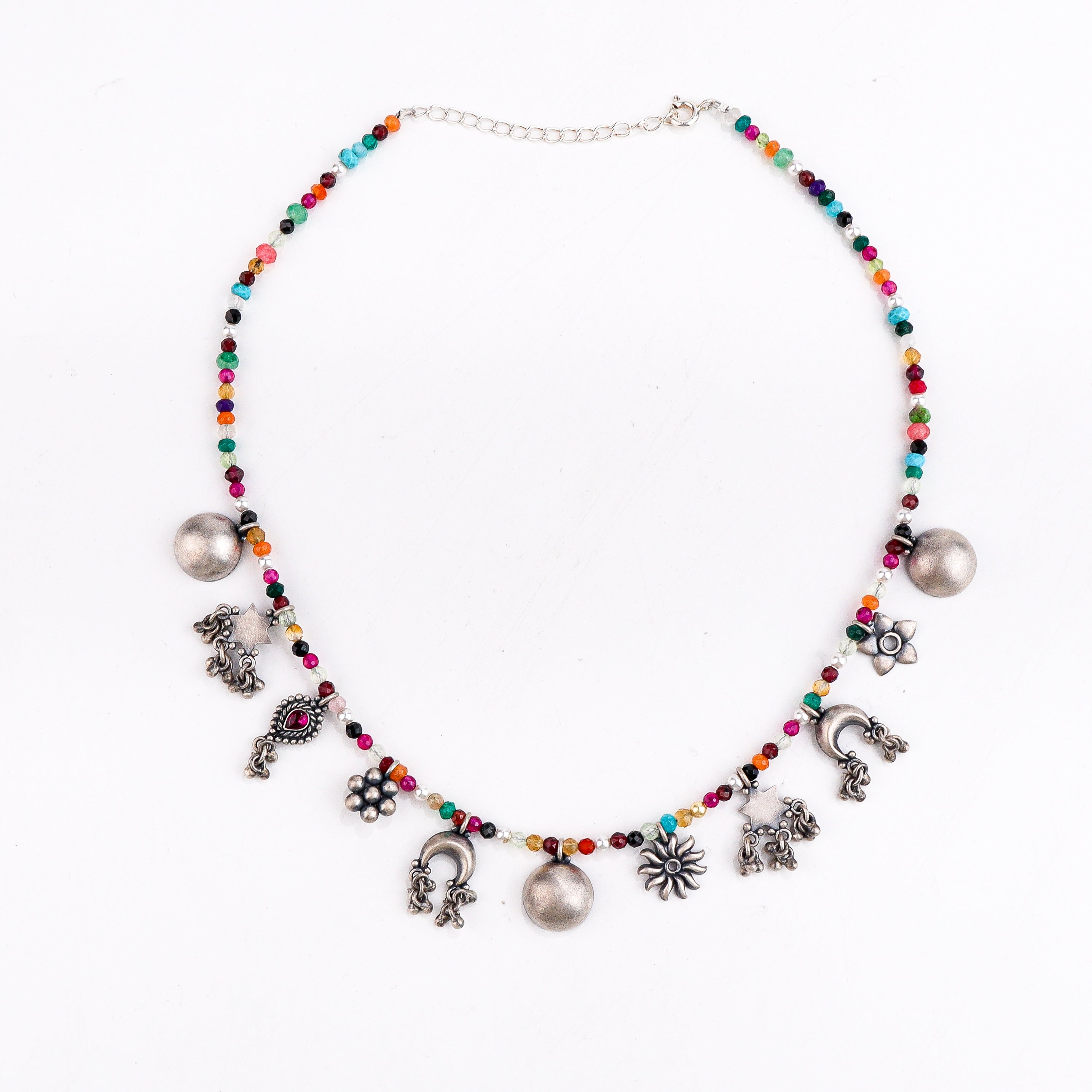 silver charms necklace with semi precious stones