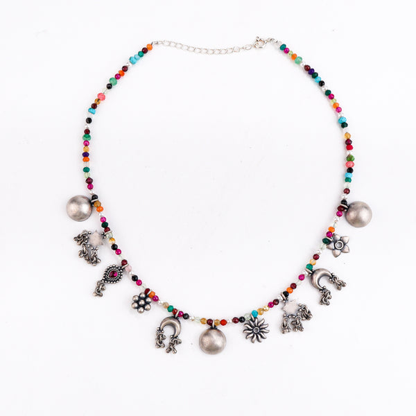 silver charms necklace with semi precious stones