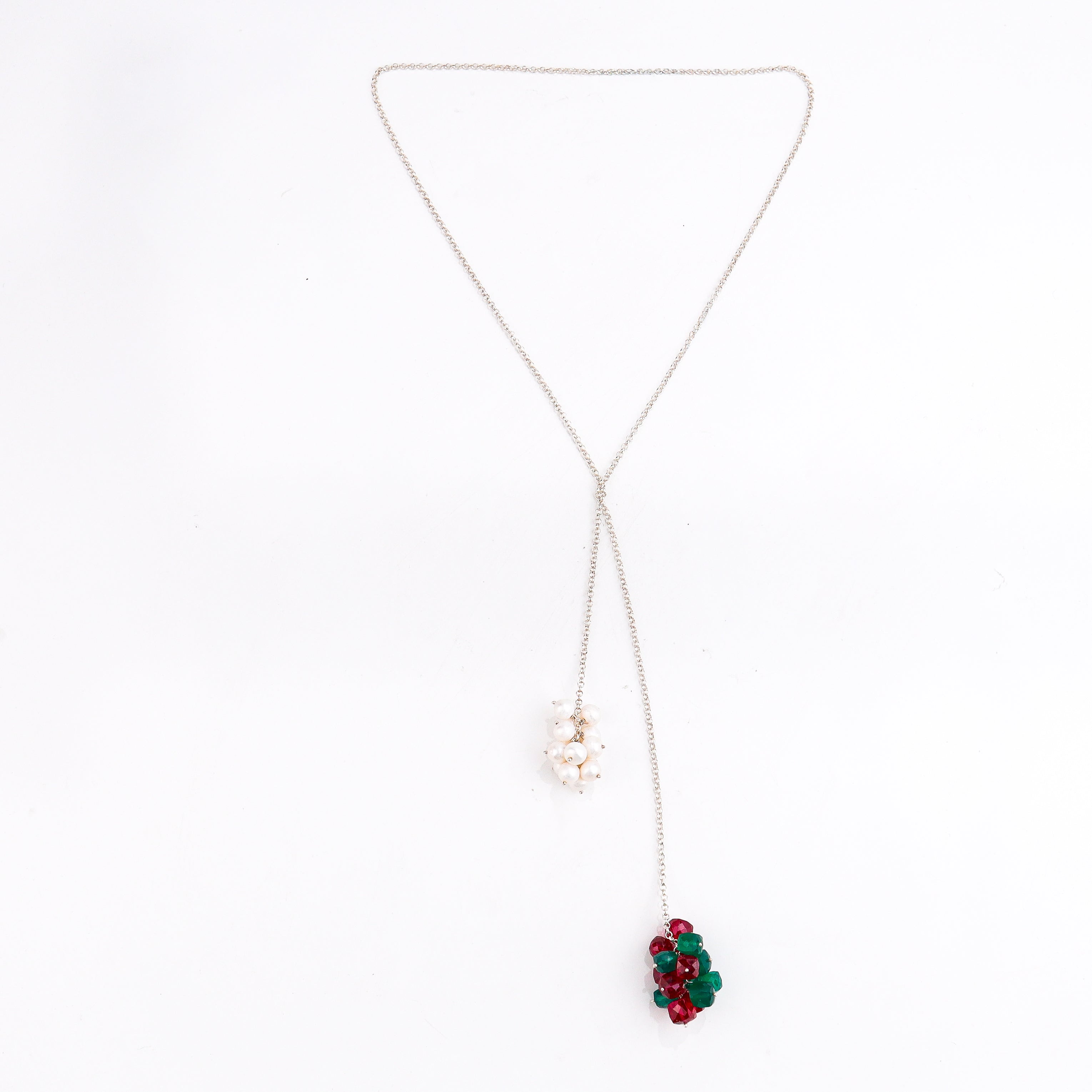 pearl cluster detailing on silver tie and wear necklace