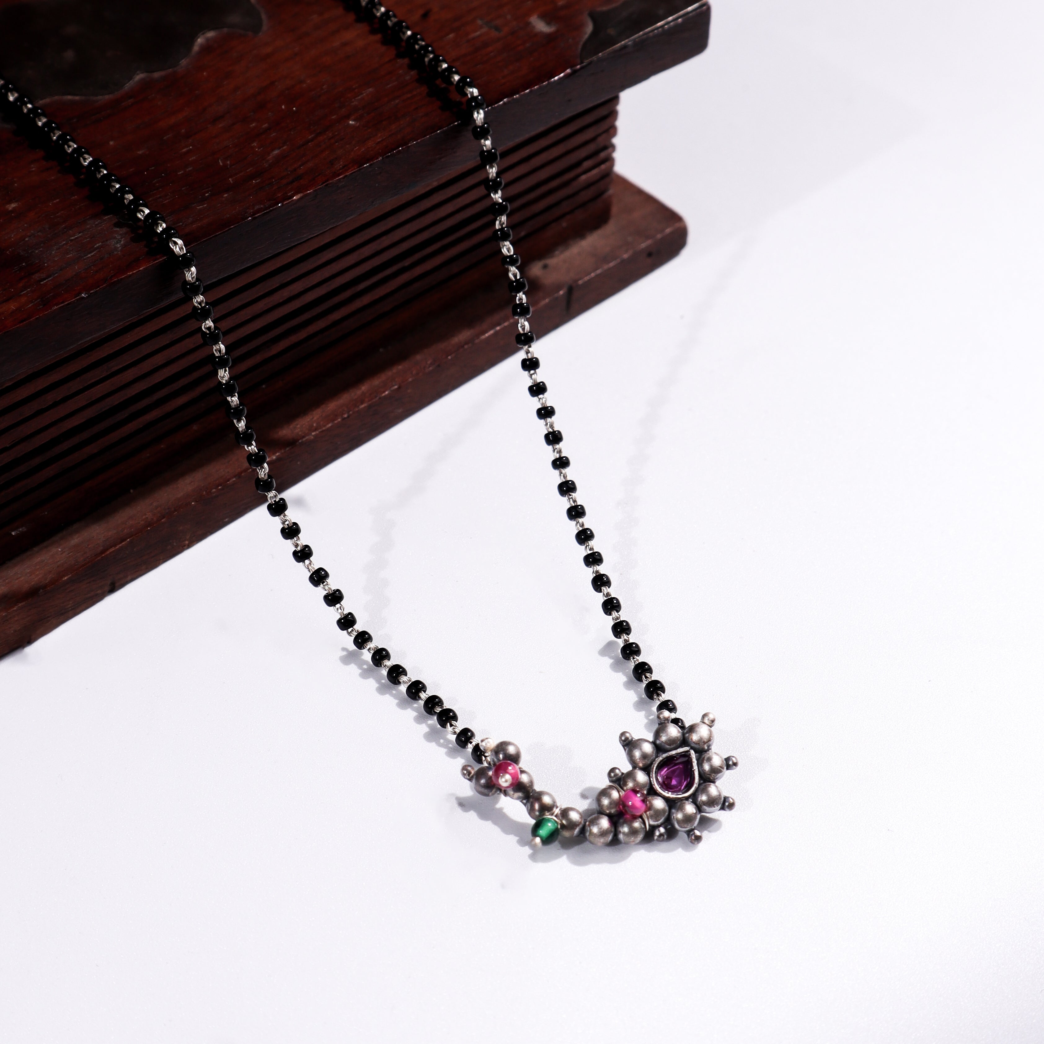 Maharashtrian small Nath mangalsutra with silver beads and colorful stones