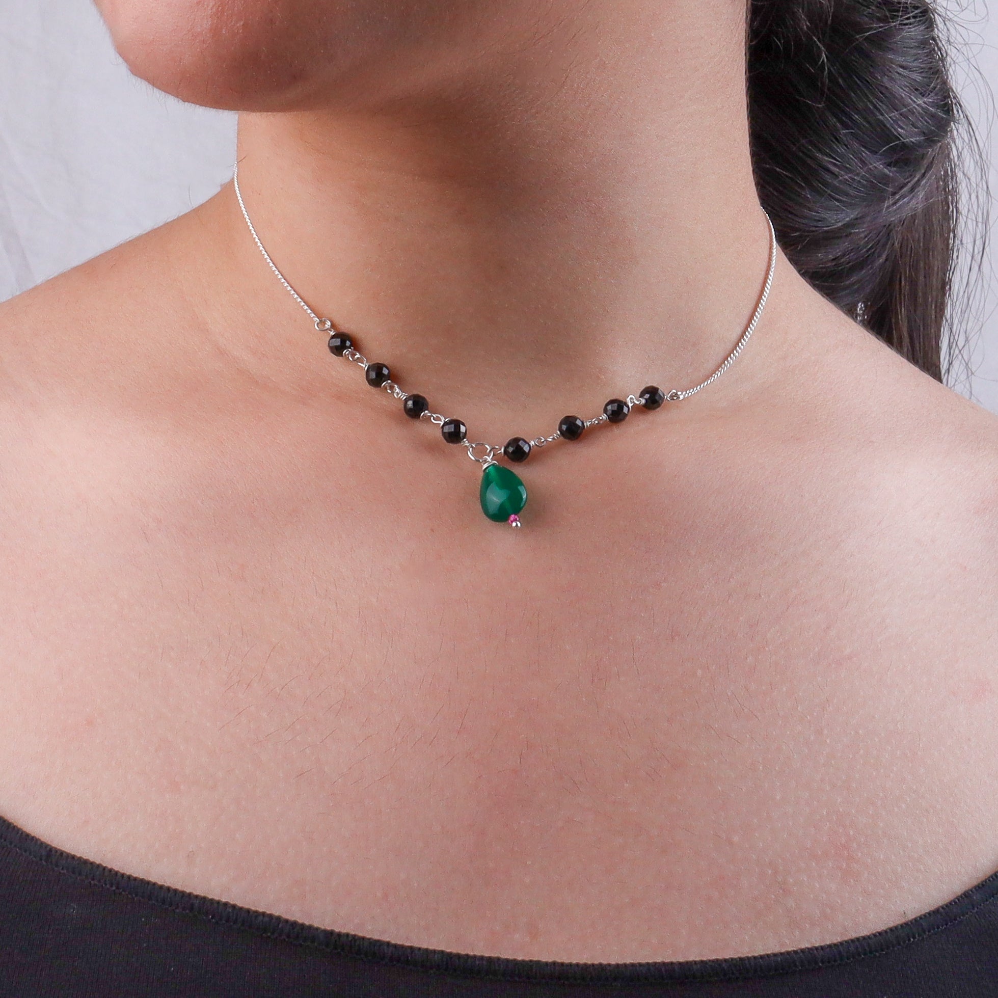 Rubies, Green Onyx & Black Spinel Silver Chain Mangalsutra (Project Handmade)