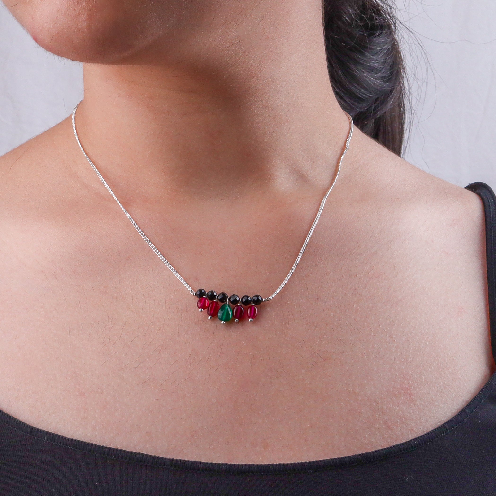 Rubies, Green Onyx & Black Spinel Silver Chain Mangalsutra (Project Handmade)
