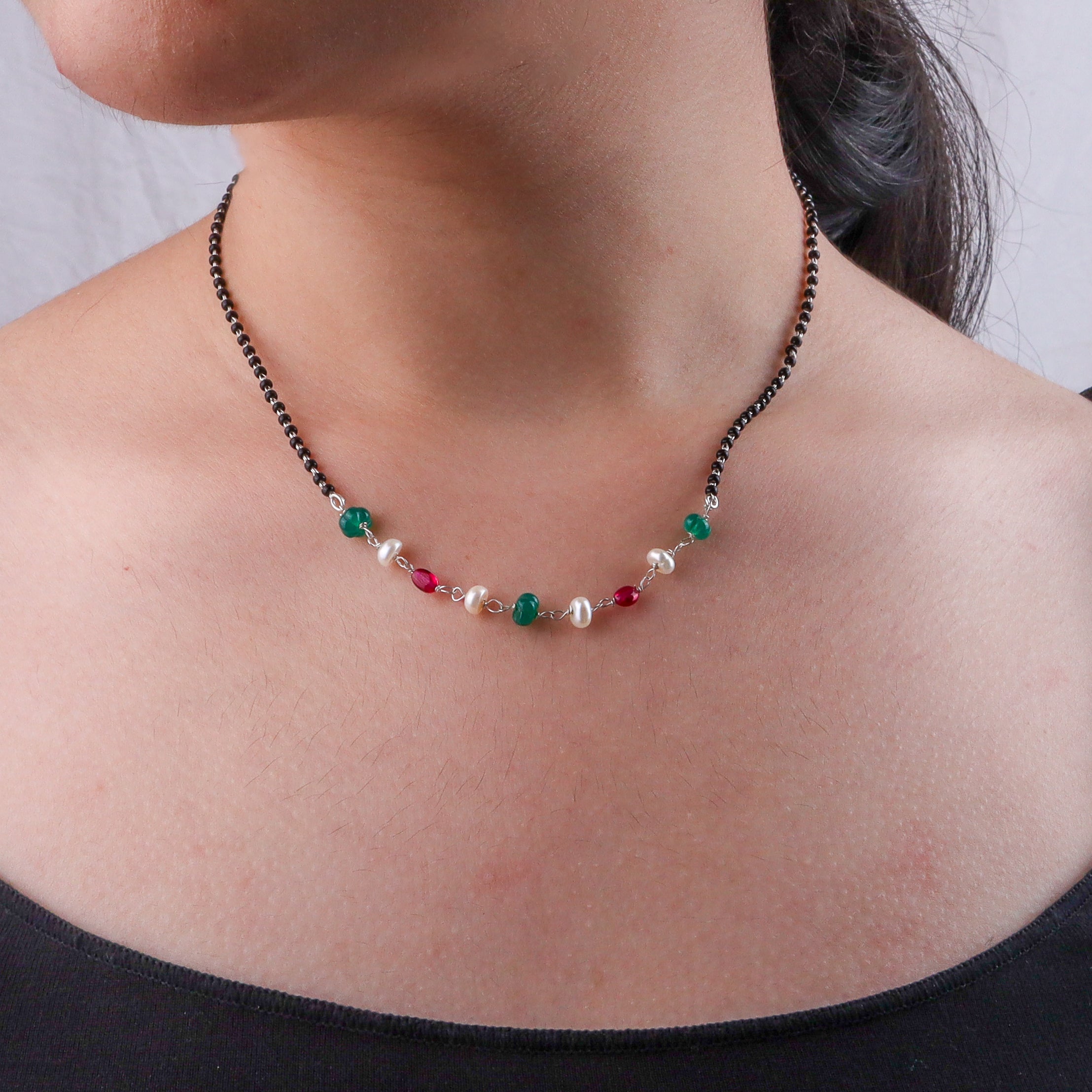 Rubies, Green Onyx & Pearl Silver Mangalsutra (Project Handmade)