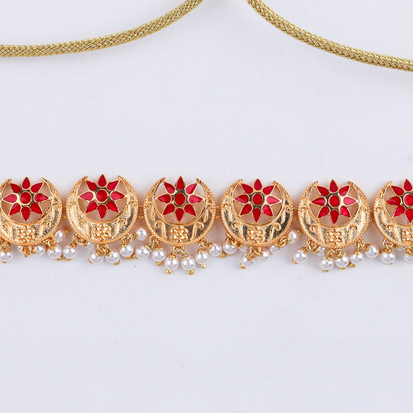 Gold plated necklace with red floral motifs and pearl accents