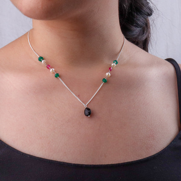 Green Onyx, Pearl, Black Spinel & Rubies Silver Chain Mangalsutra (Project Handmade)