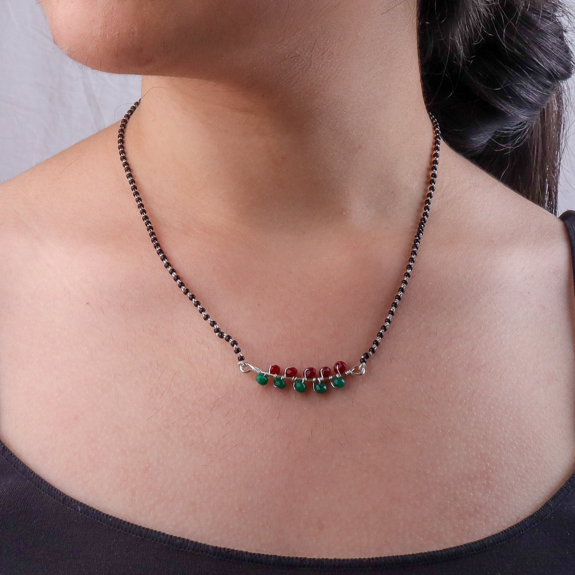 Green & Maroon Jade Wrapped Silver Mangalsutra (Project Handmade)