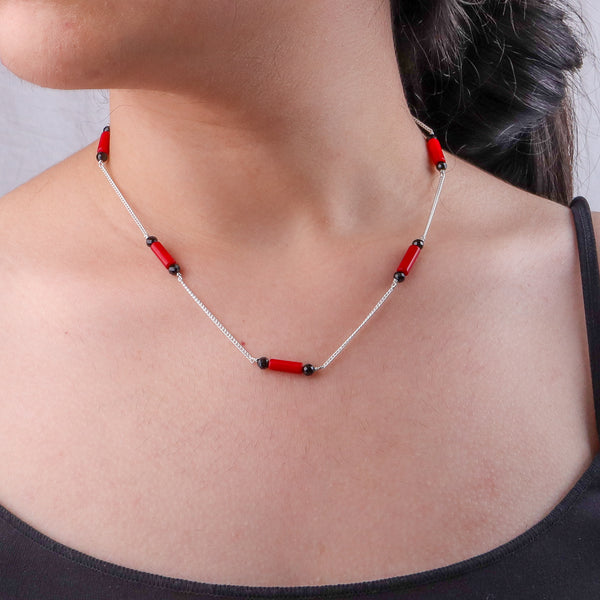 Coral & Black Spinel Silver Chain Mangalsutra (Project Handmade)
