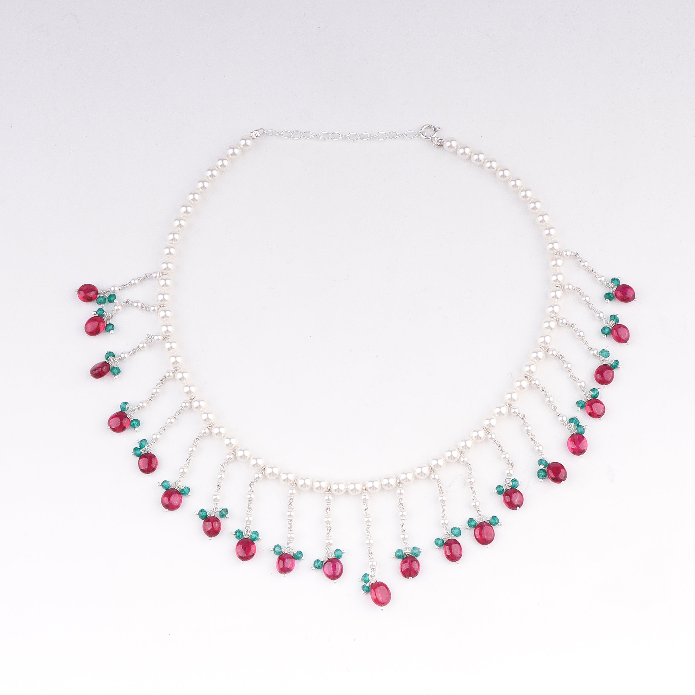 Handcrafted luxe necklace with pearls ruby and green onyx polished finish