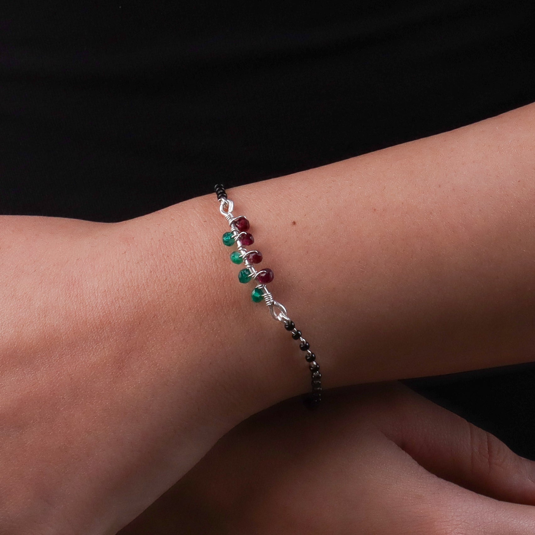 Green Onyx & Garnet Silver Mangalsutra Bracelet (Project Handmade)