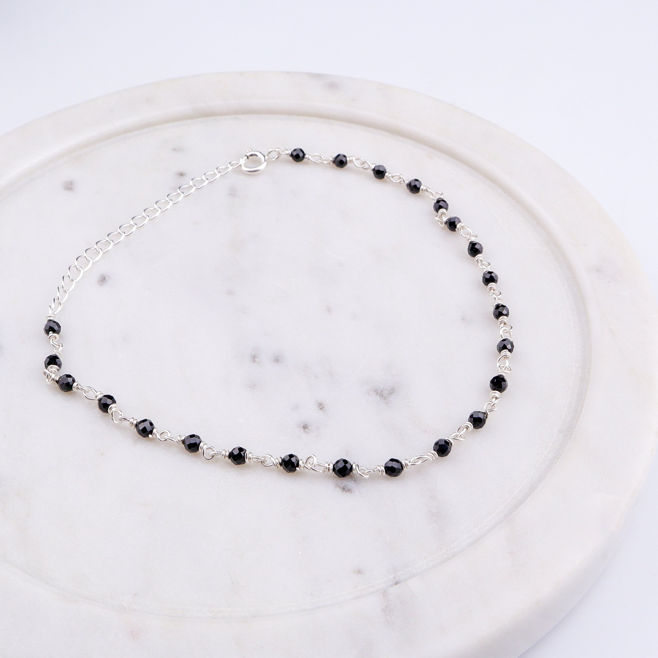 Black Spinel Silver Anklet
