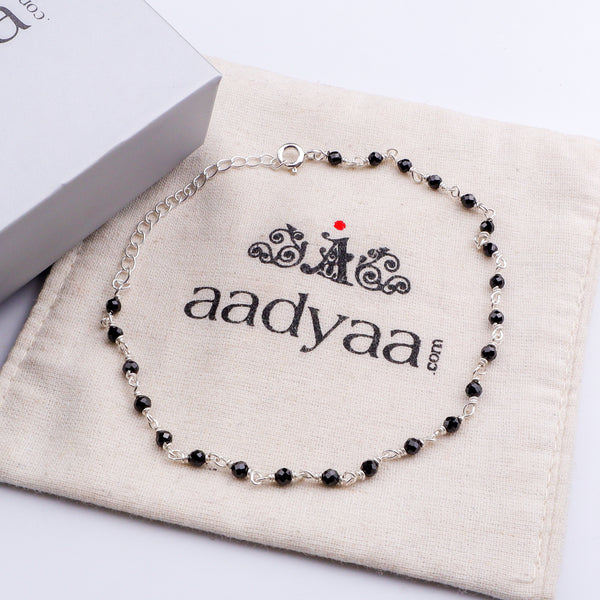 Black Spinel Silver Anklet