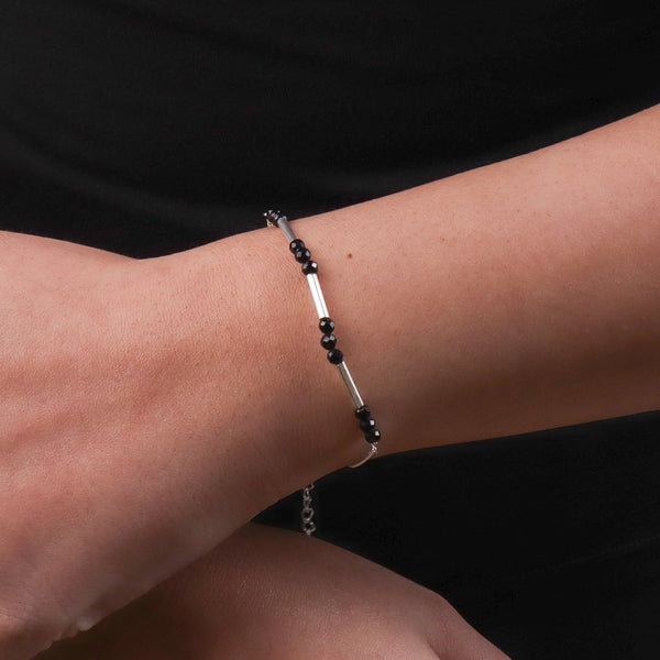 Black Spinel & Pipe Silver Chain Mangalsutra Bracelet (Project Handmade)
