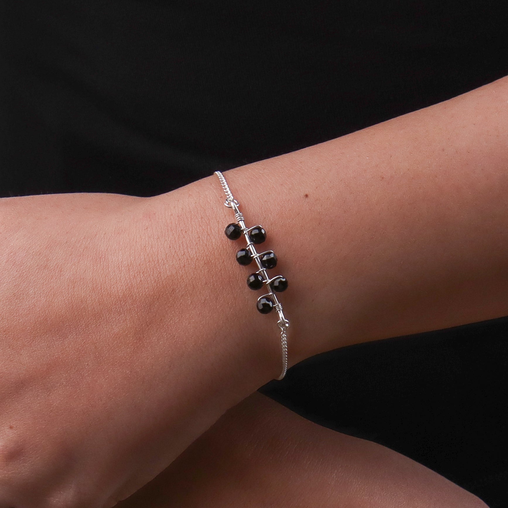 Black Spinel Silver Chain Mangalsutra Bracelet (Project Handmade)