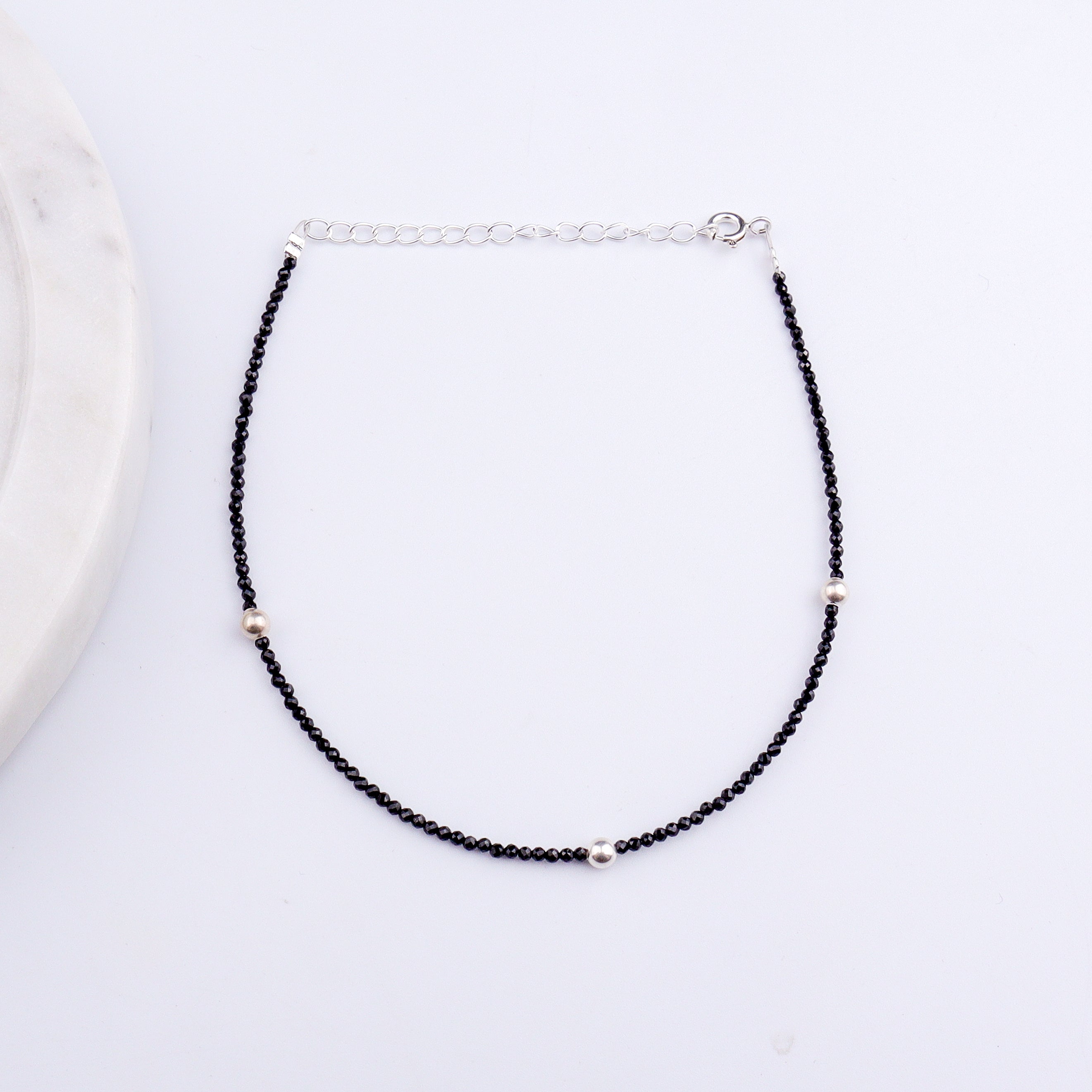 Black Spinel Anklet with Silver Beads
