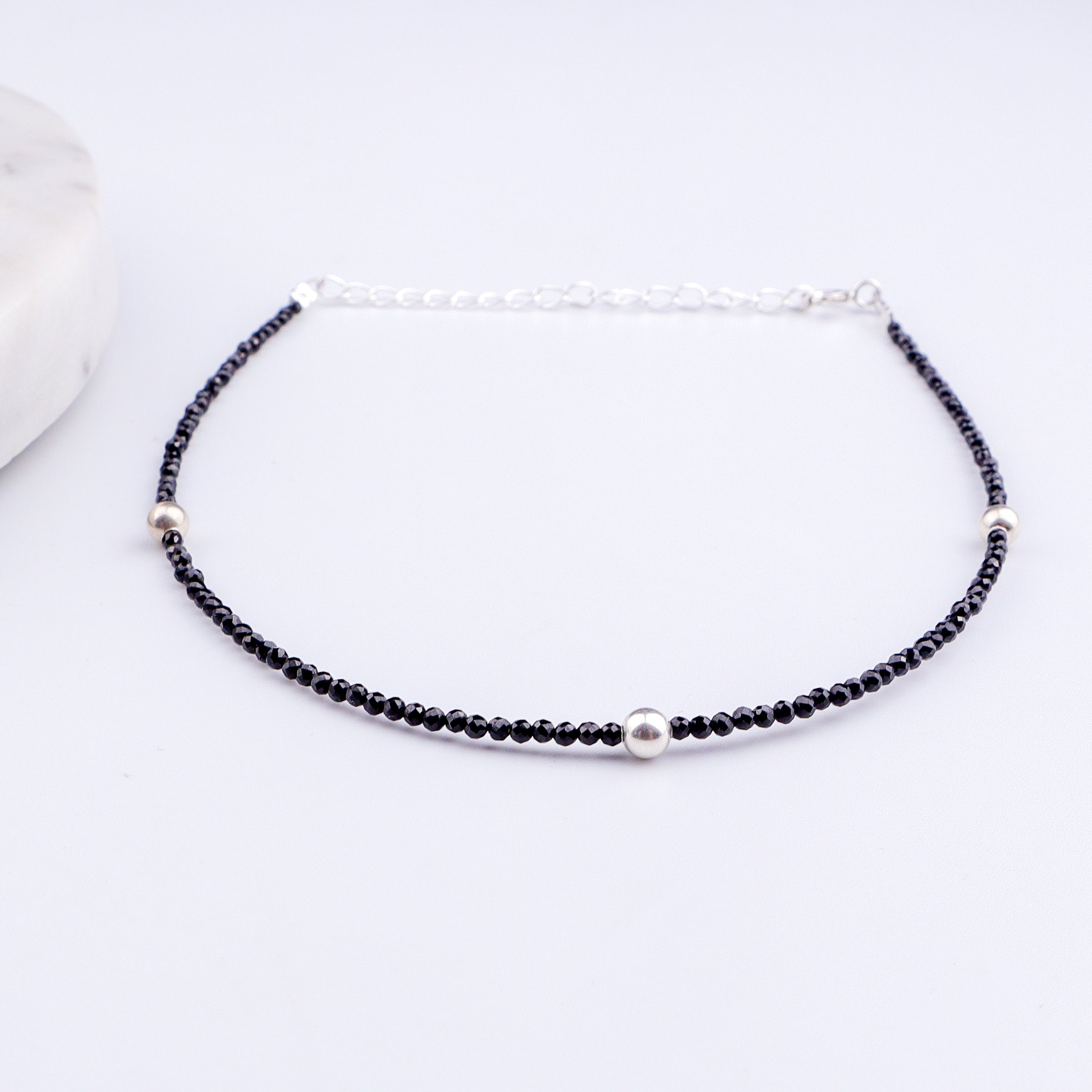 Black Spinel Anklet with Silver Beads