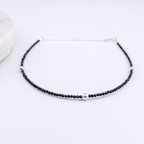 Black Spinel Anklet with Silver Beads