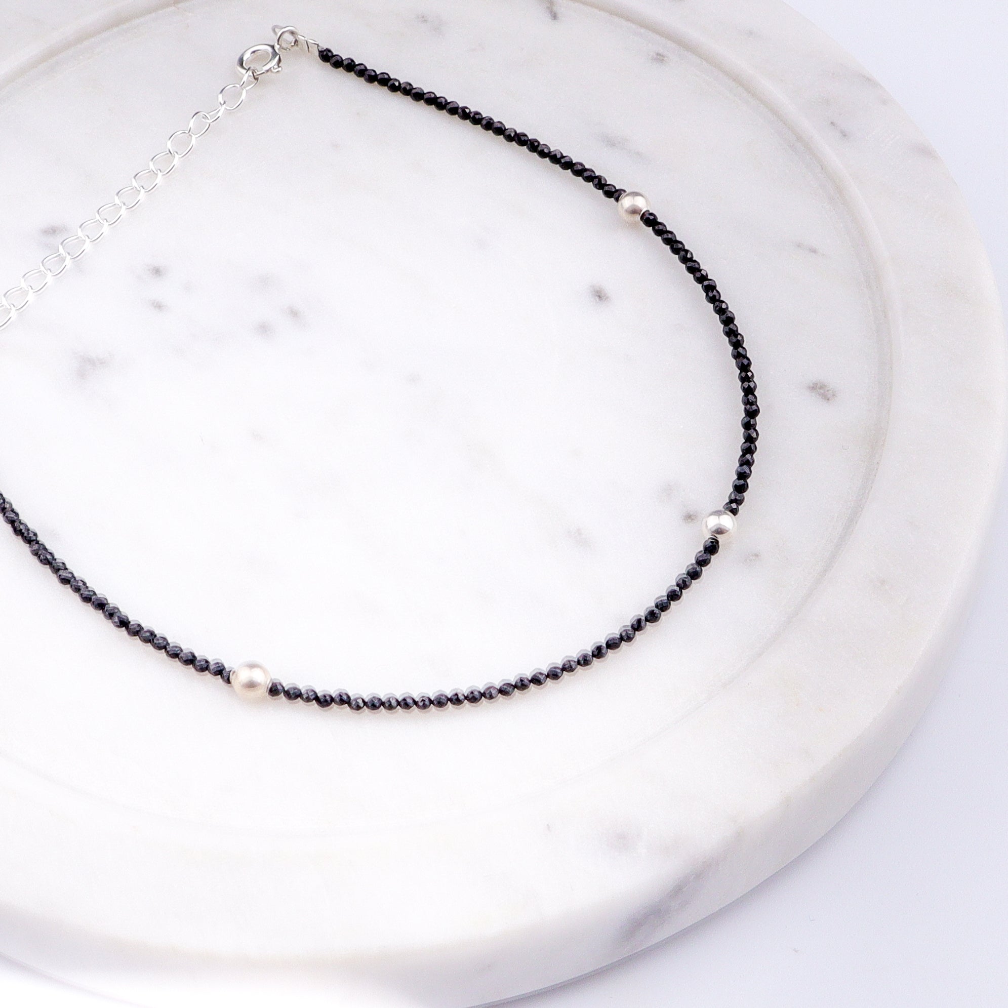 Black Spinel Anklet with Silver Beads