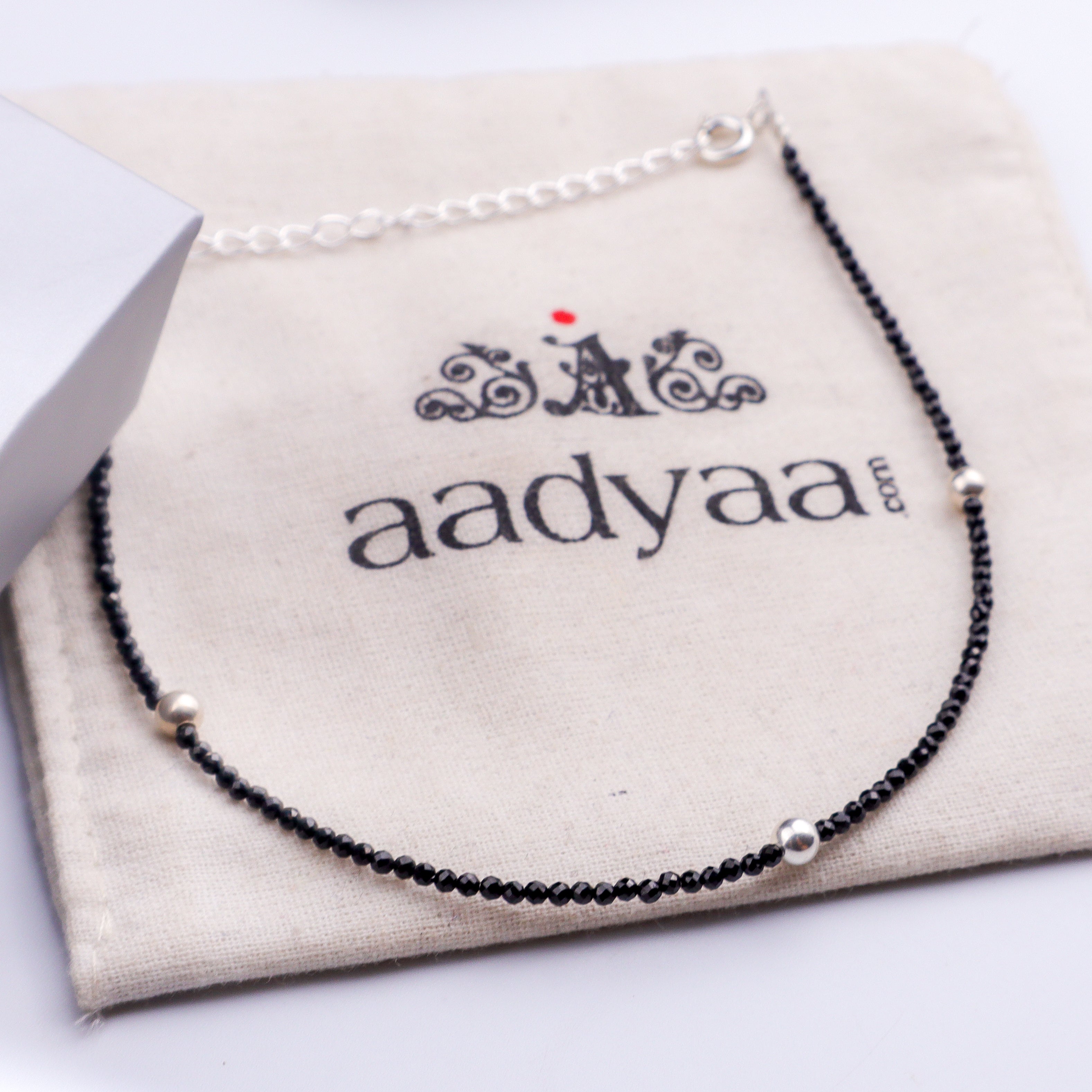Black Spinel Anklet with Silver Beads