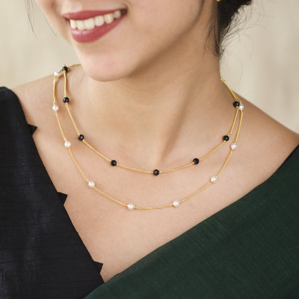 Three layered silver mangalsutra with black beads detailing