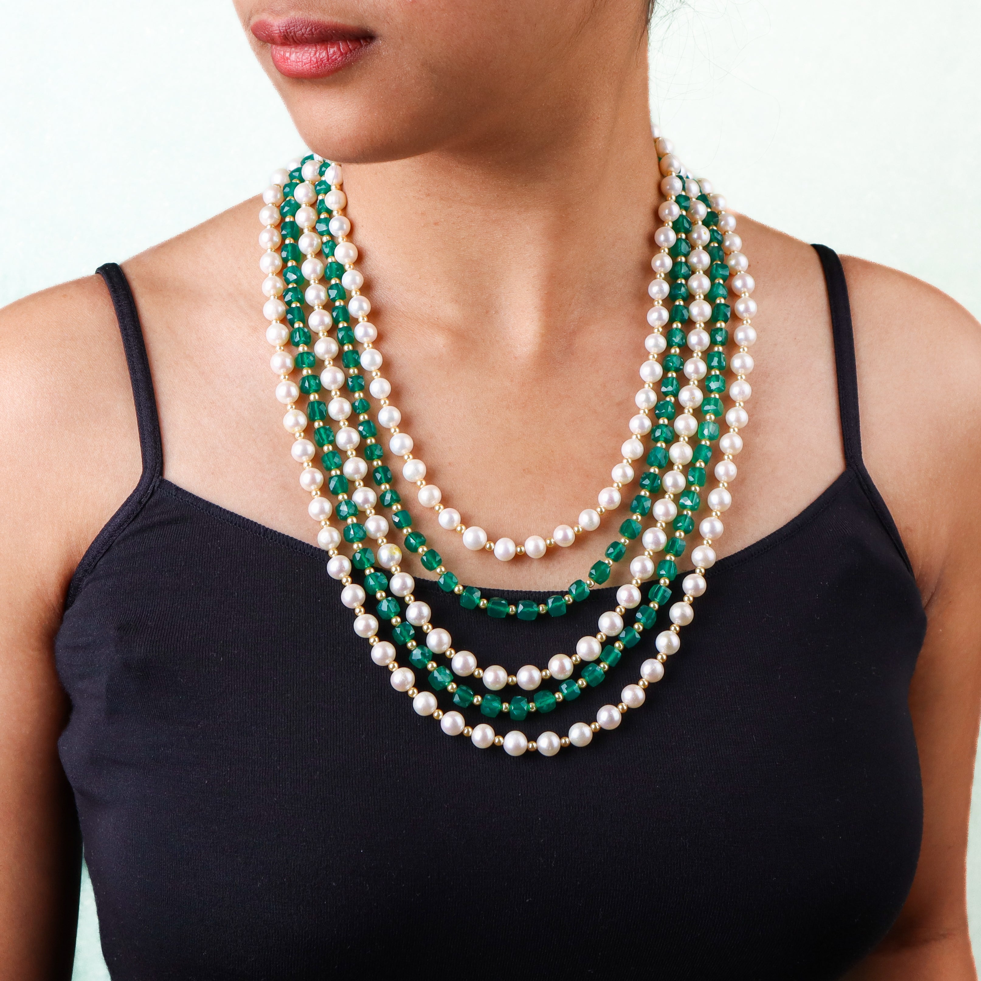 Luxe Necklace with green onyx, freshwater, and golden pearls