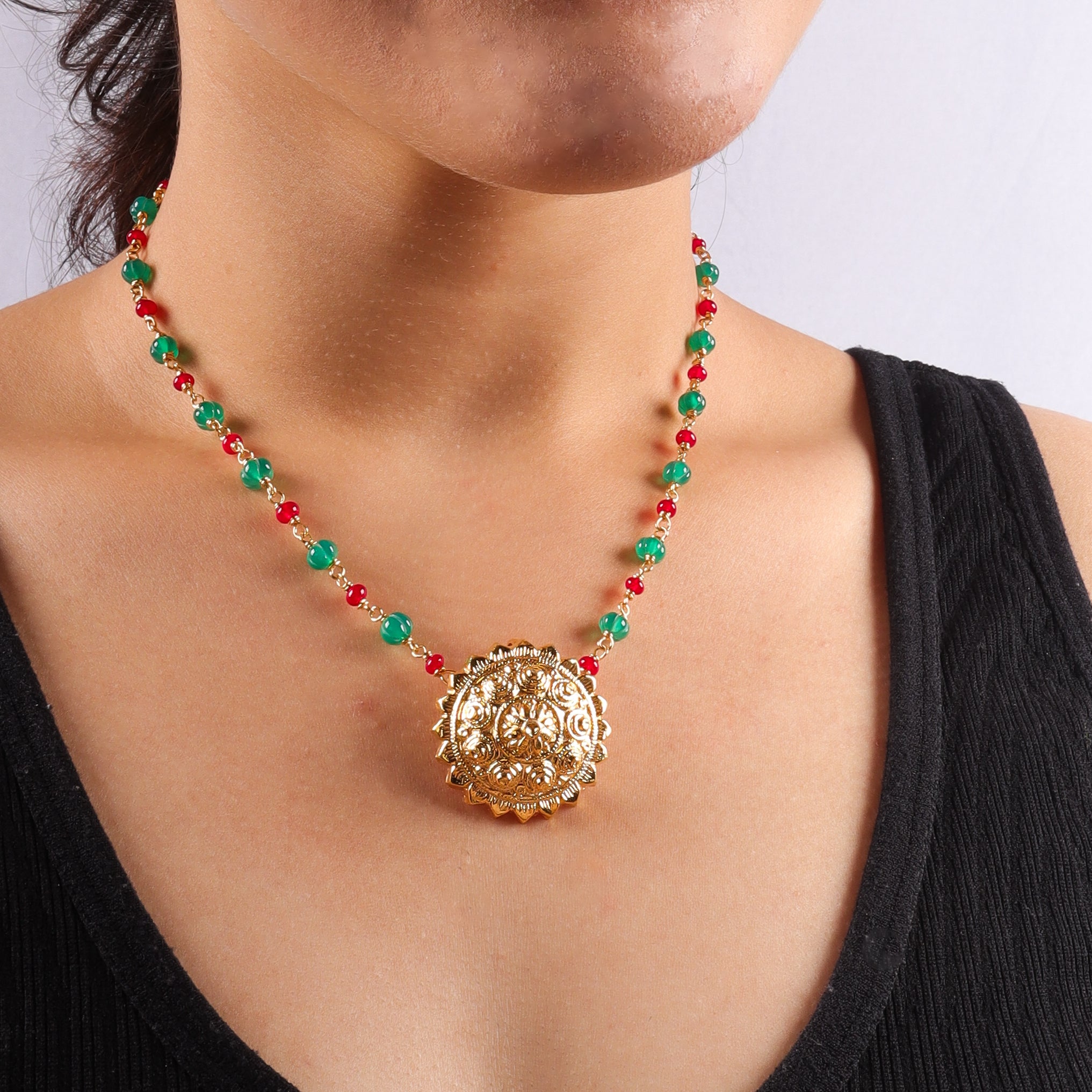 Gold Plated Pendant necklace with Ruby and Green Onyx