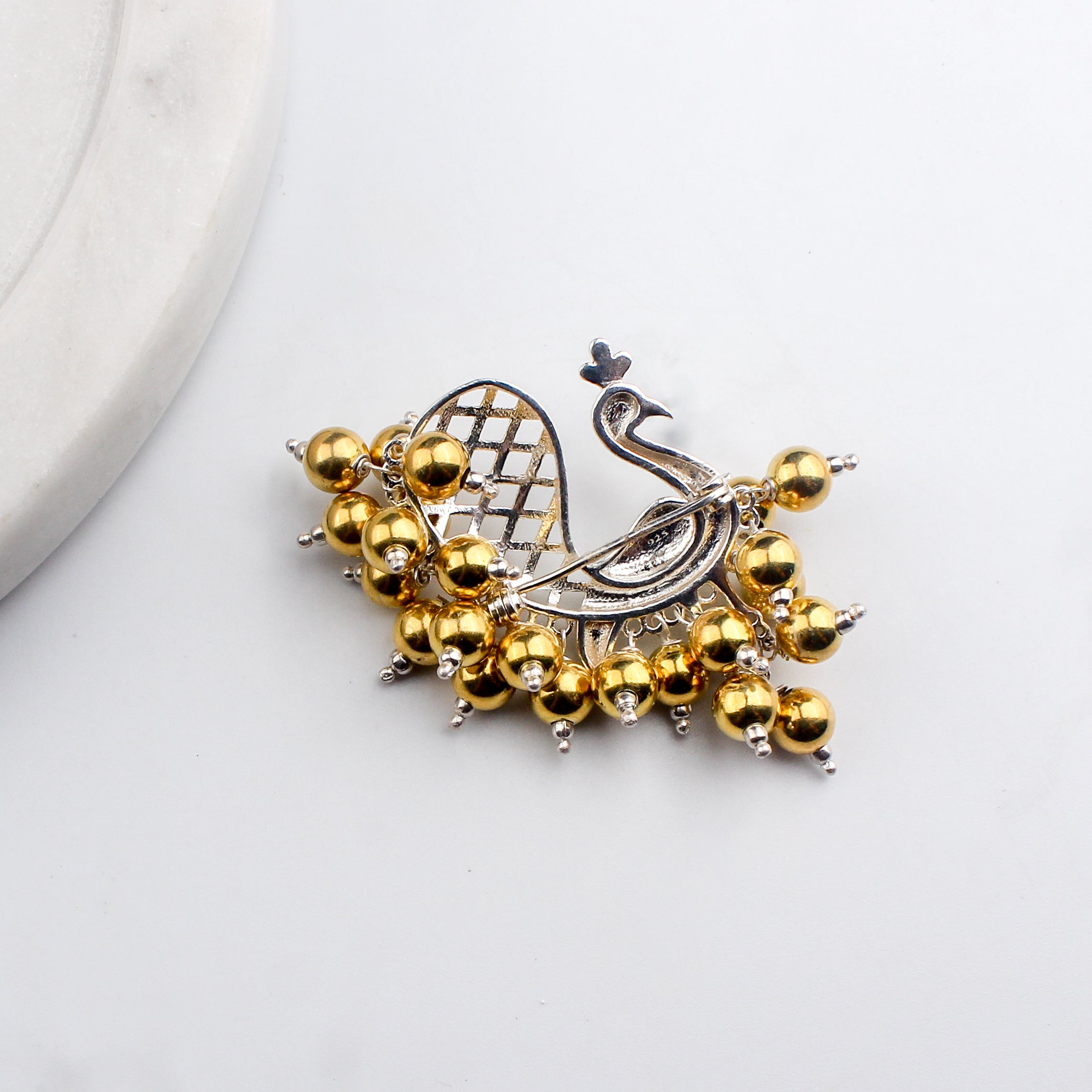 Swarna Rajat | The Peacock Filigree Brooch | 92.5 Silver | Dual tone (Made to Order)