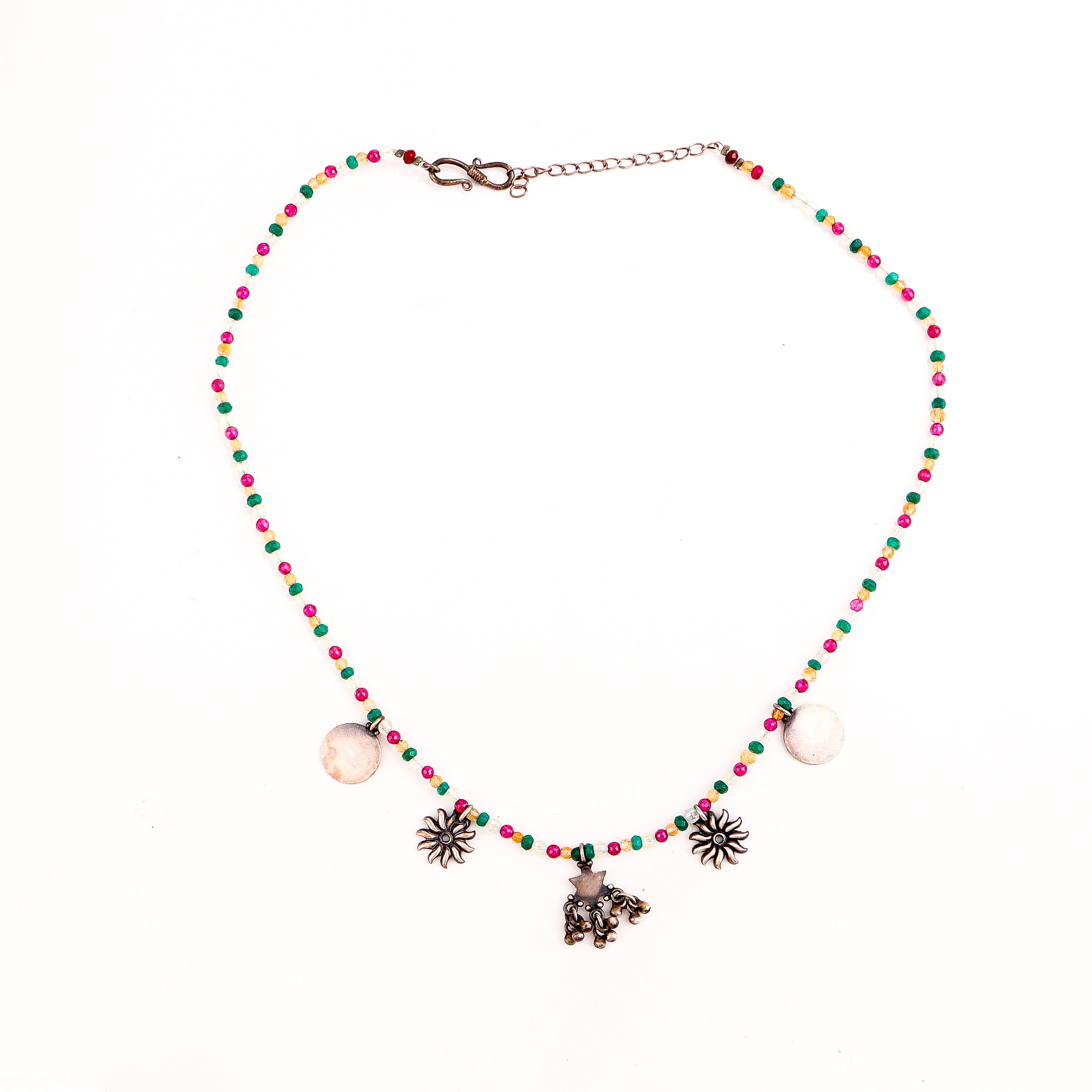 Silver 5 Charm Necklace with Multicolor Stones