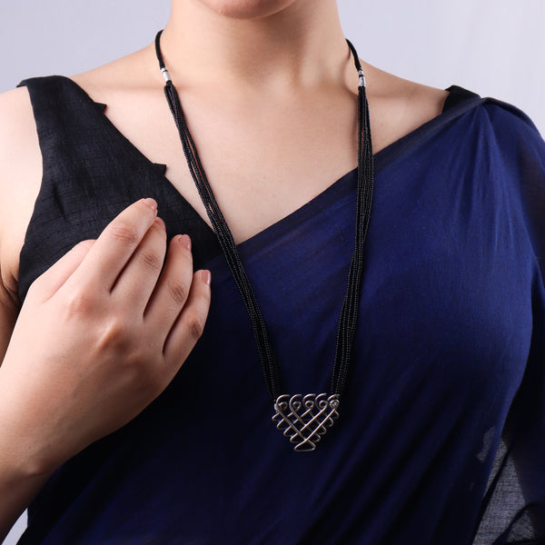 Black beaded Saraswati pendant silver mangalsutra