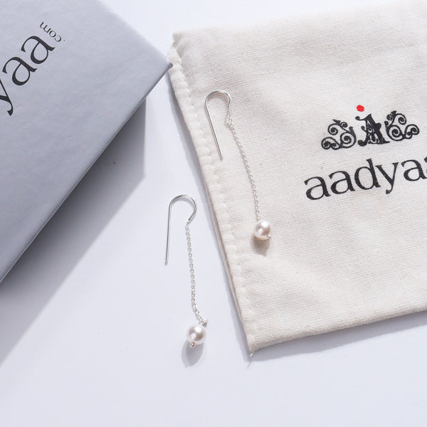 Pearl Drop Silver Earring with chain and pearl detail