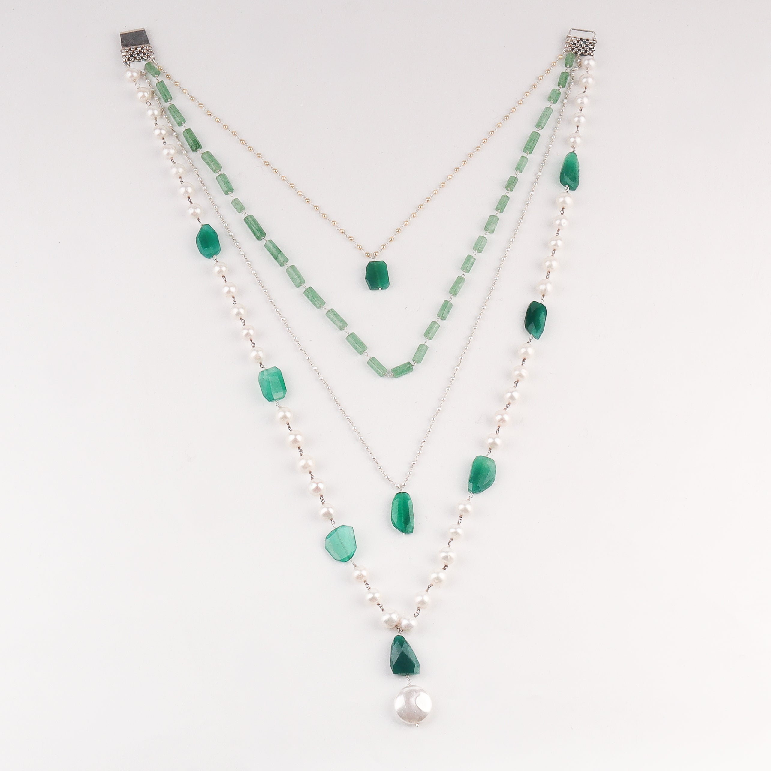 Luxe Necklace - Russian Emrald Stone, Green Onyx & Fresh Water Pearls