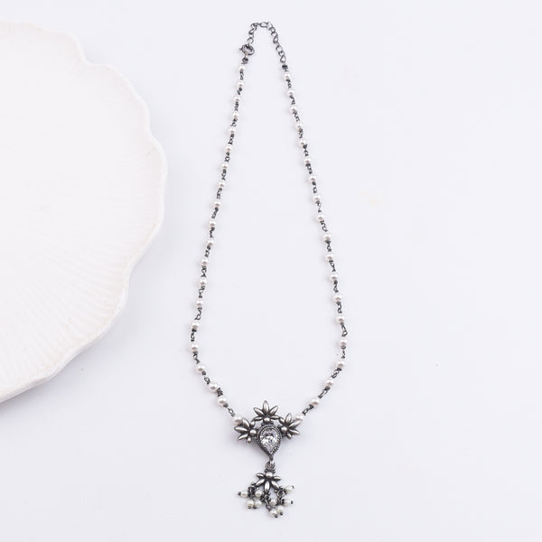 Oxidised Silver Petal Tanmani Necklace with Pearls