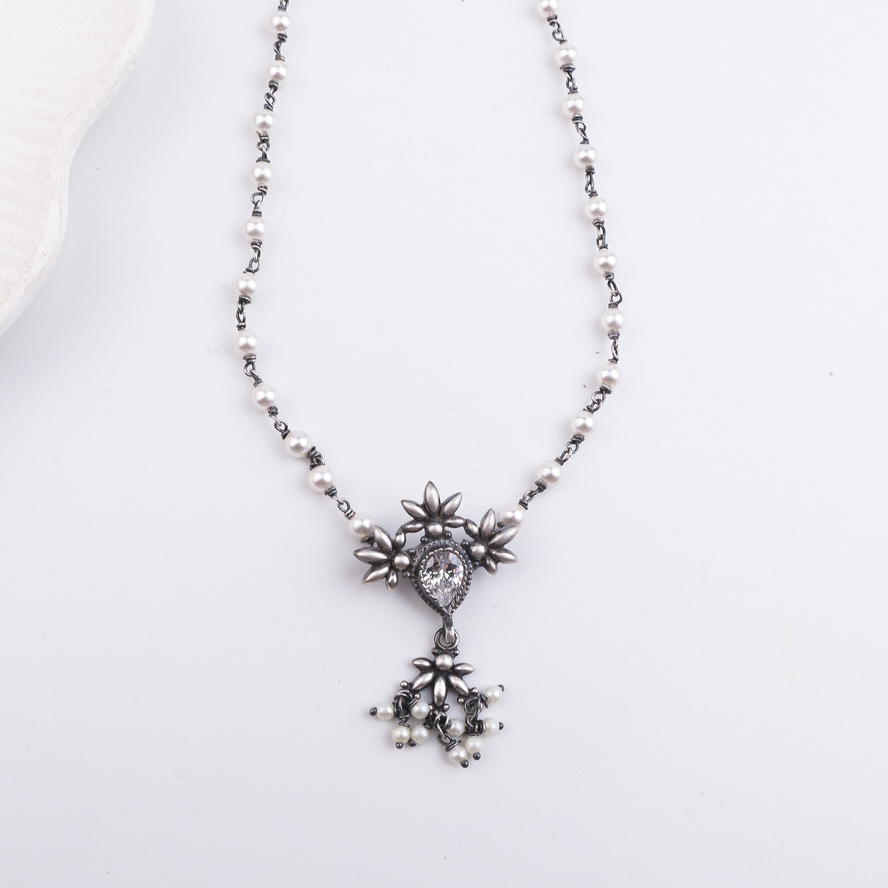 Oxidised Silver Petal Tanmani Necklace with Pearls