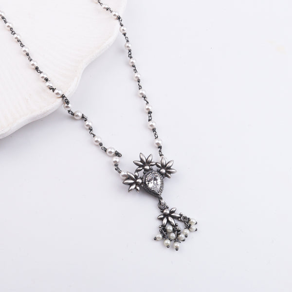 Oxidised Silver Petal Tanmani Necklace with Pearls
