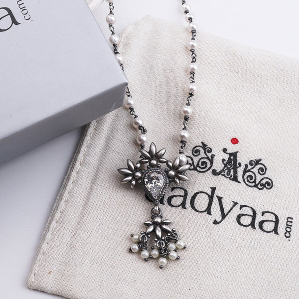 Oxidised Silver Petal Tanmani Necklace with Pearls