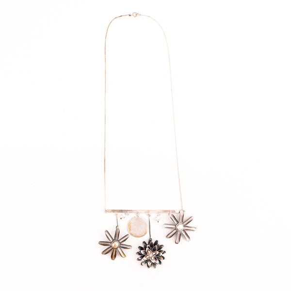 Detail shot of filigree snowflake motif and pearl latkan