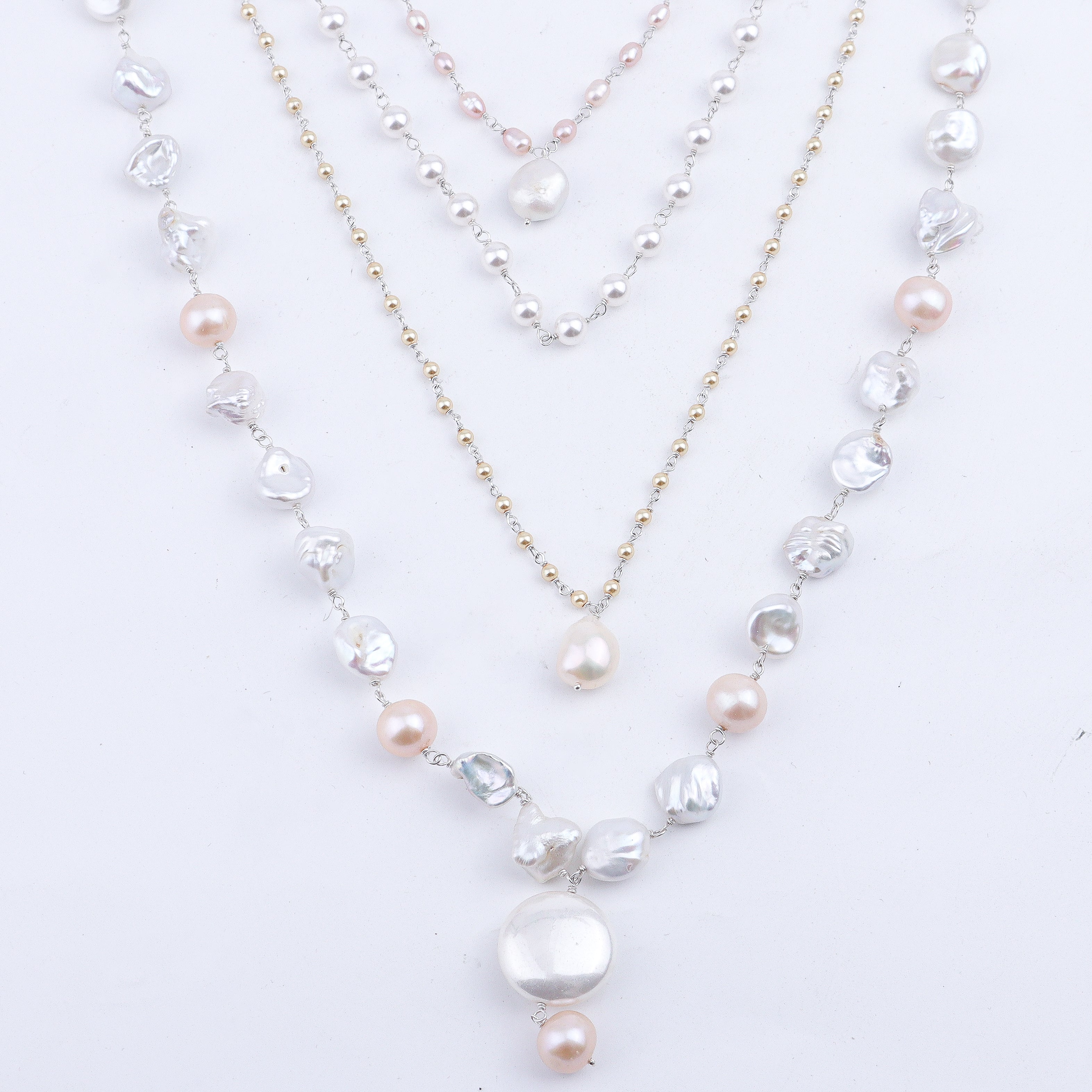 Handcrafted luxe pearl necklace with varied pearl textures polished finish