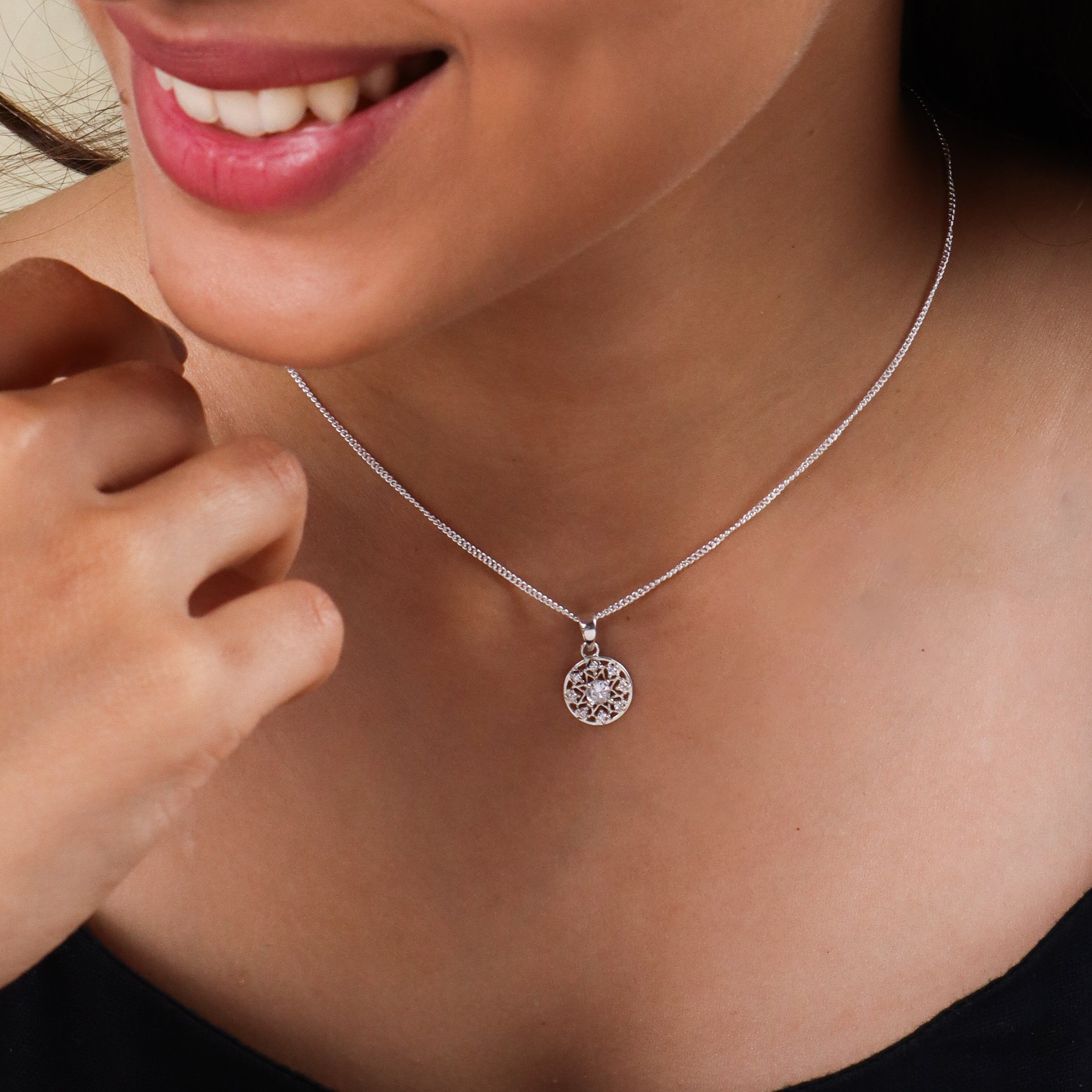Silver Stone Studded Zircon Set With Chain