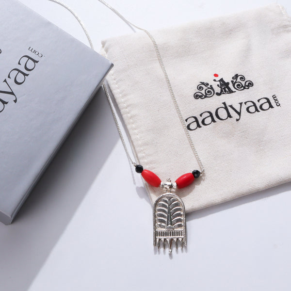 Sterling silver mangalsutra with red beads and intricate pendant design