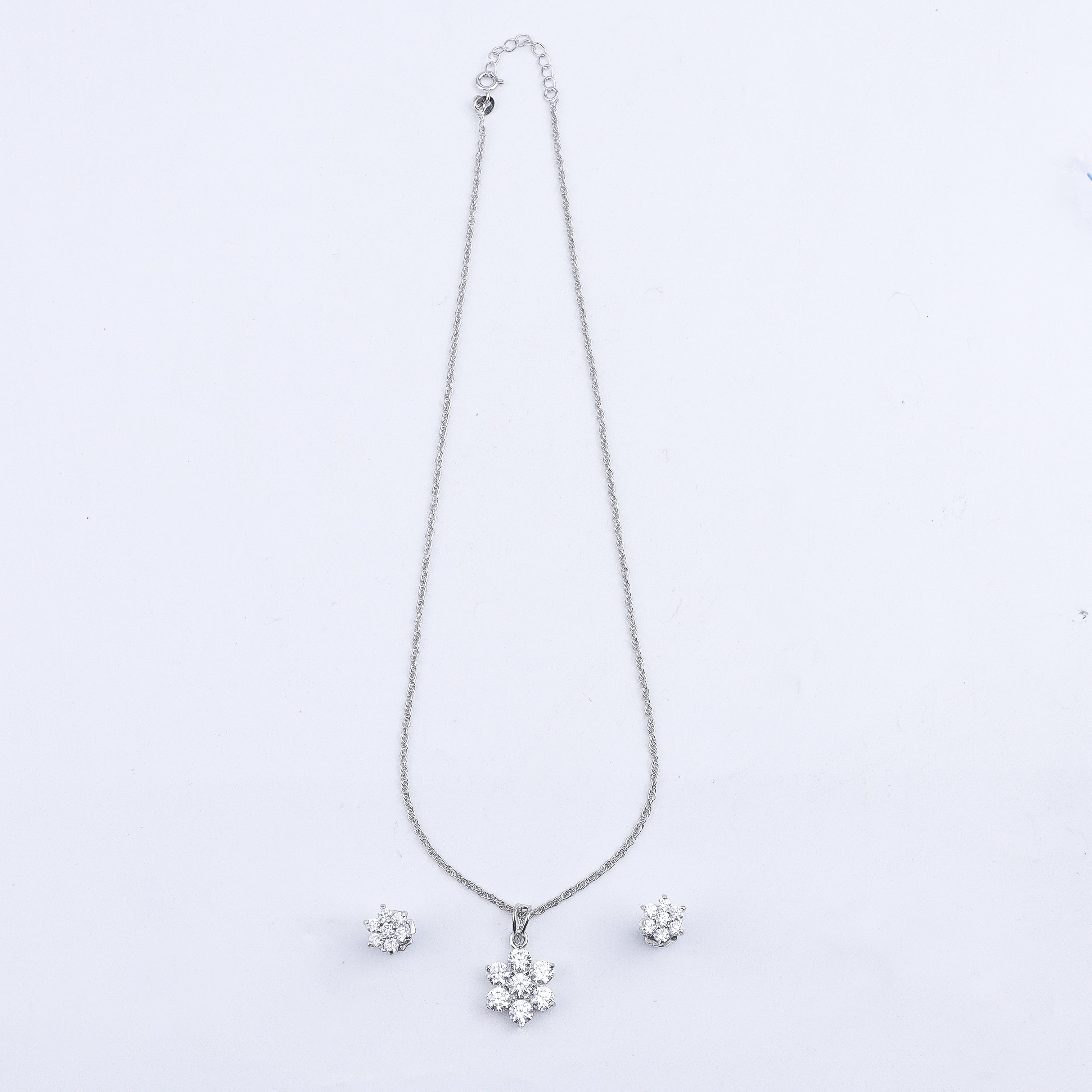Silver CZ Flower Pendant Earring Set