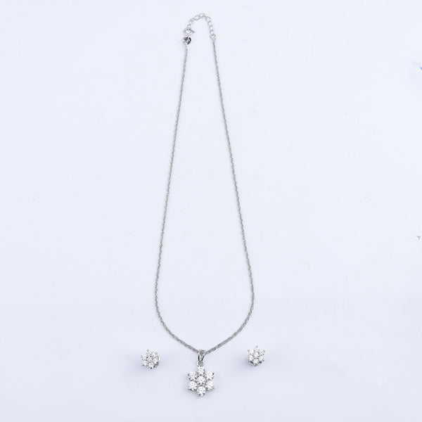 Silver CZ Flower Pendant Earring Set