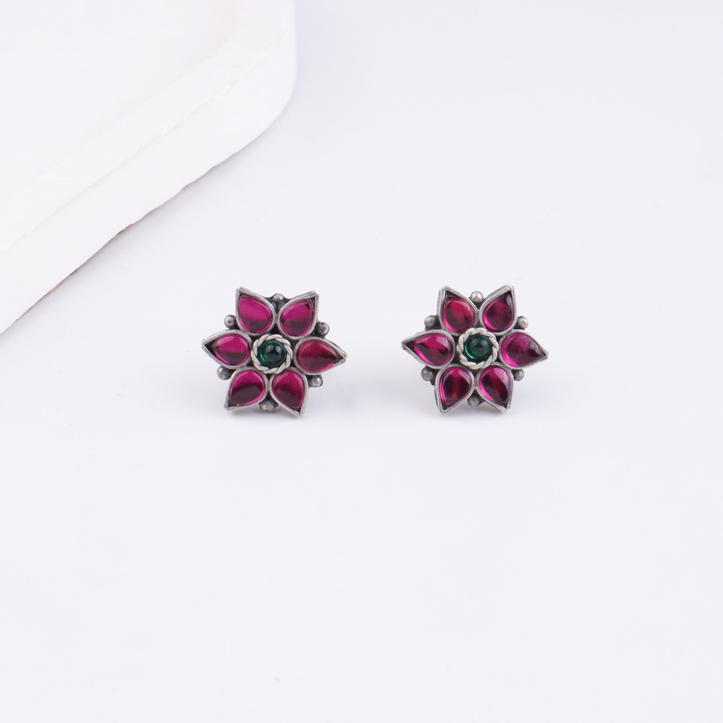 Silver Pink Nakshatra Flower Earring